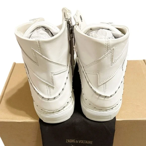 NIB ZADIG & VOLTAIRE High Flash Sneaker Studded High Top White Leather 41 US 10 - Picture 3 of 11